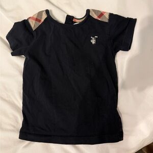 Burberry Navy Kids Tee with Plaid Shoulder Accents